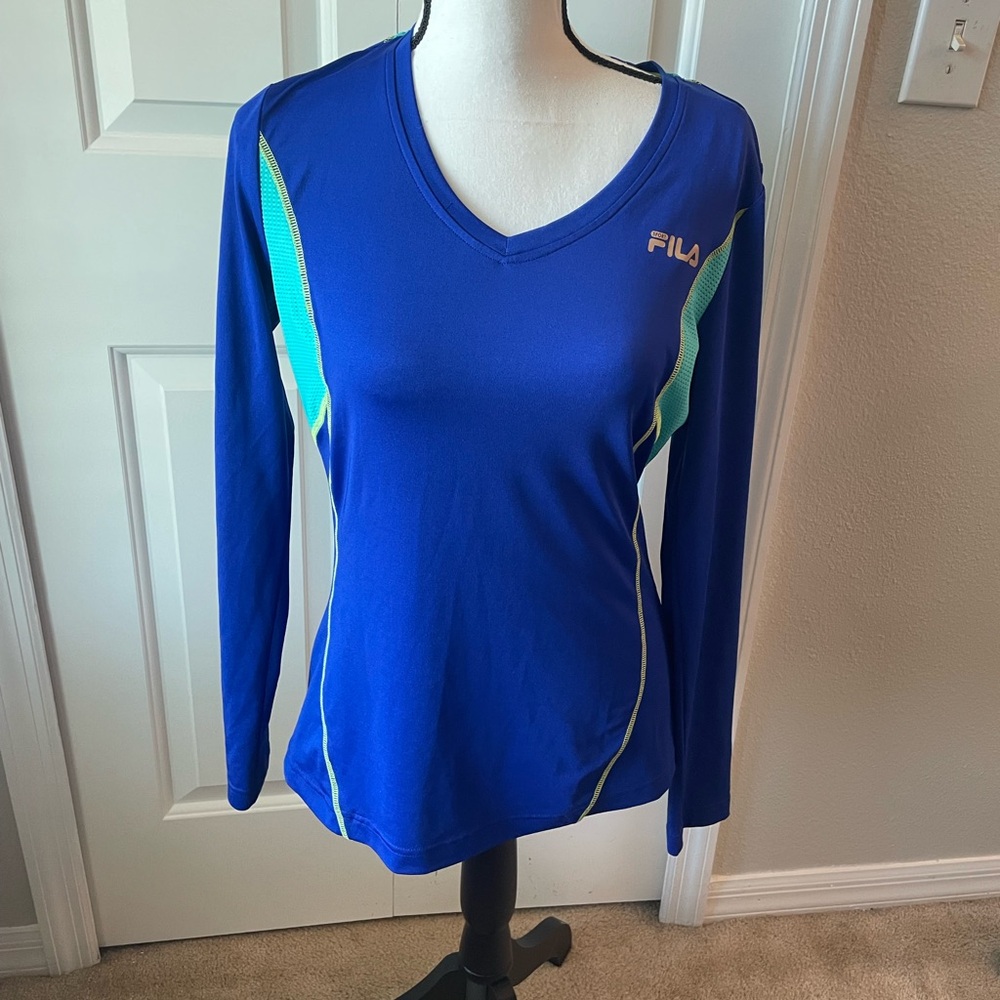FILA Royal Blue Long Sleeve V-Neck Top with Aqua Panels